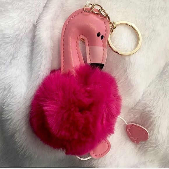 K LAST ONE! Hot Pink Fuzzy Pom Pom Flamingo Keychain - Picture 1 of 5
